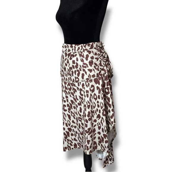OrderPlus Large Silky Brown and Cream Animal Print Asymmetrical Wrap Midi Skirt - Picture 4 of 13